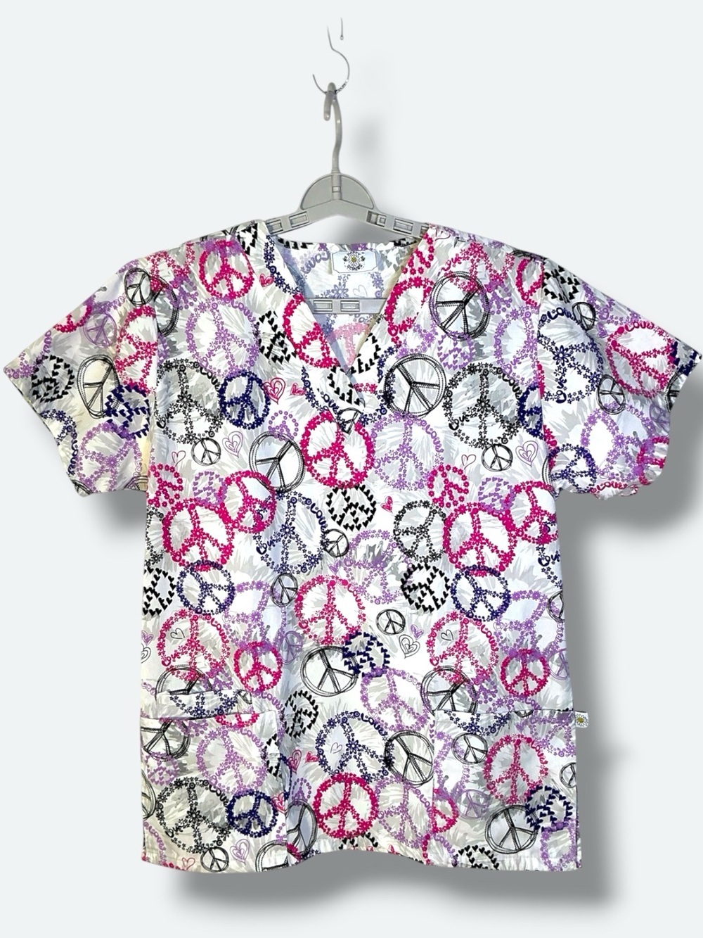 Happy Scrubs Top Peace Sign Top Cotton Blend Purple Pink Multicolor Women Medium